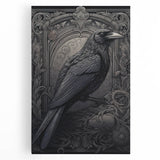 Stretched canvas wall art featuring a striking design of a crow and raven, showcasing intricate details and bold colors, perfect for enhancing modern decor.