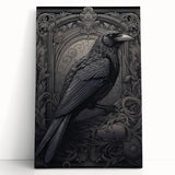 Stretched canvas wall art featuring a striking design of a crow and raven, showcasing intricate details and rich colors, perfect for modern home decor.
