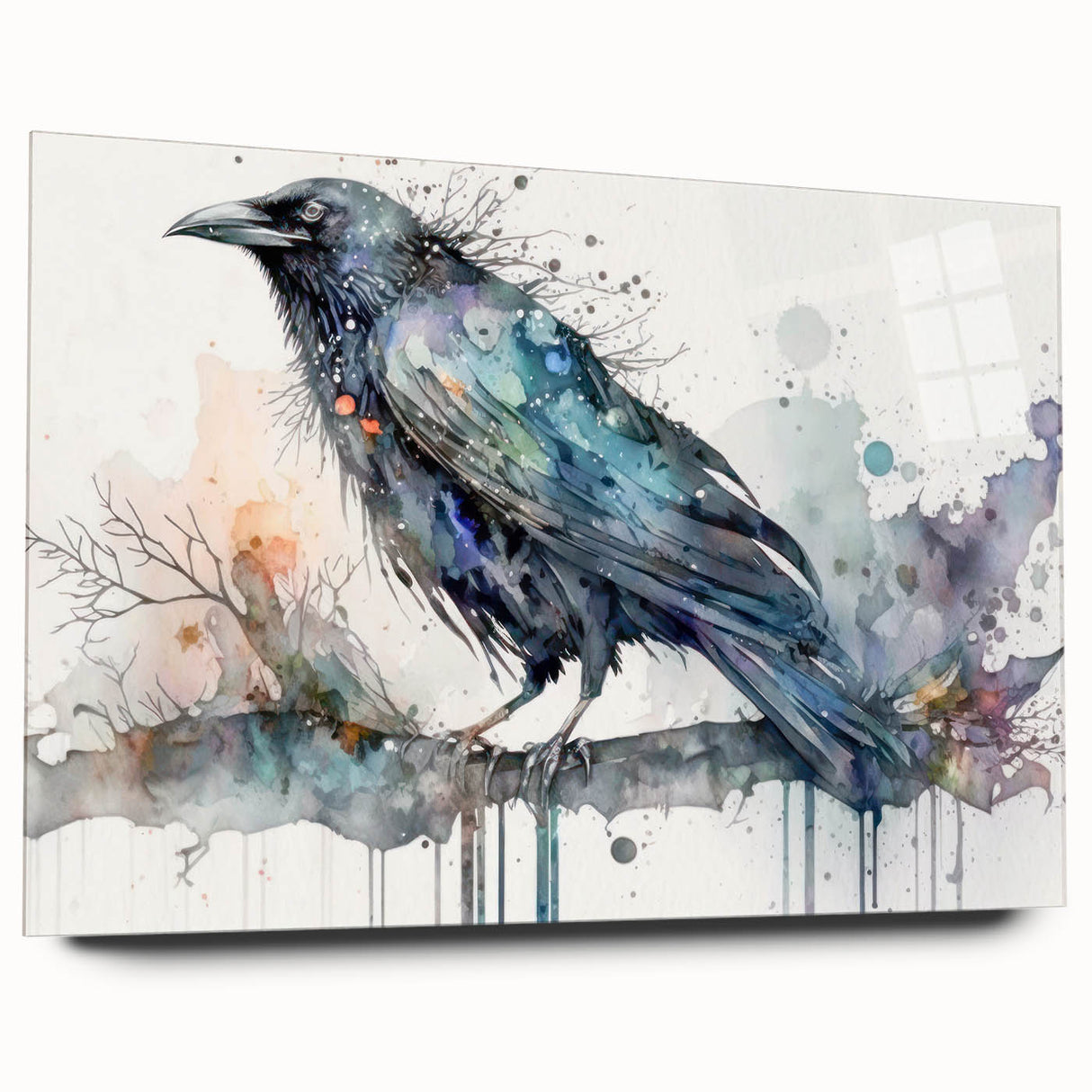 Side view of a modern wall art collection featuring intricate crow and raven designs printed on acrylic glass, showcasing vibrant colors and a sleek finish, perfect for enhancing contemporary interior decor.