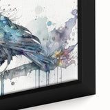 Close-up of a framed canvas wall art featuring a detailed design of a crow and raven, showcasing intricate textures and deep black and gray tones, perfect for bird lovers and home decor enthusiasts.