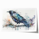 Rolled art print showcasing a detailed design of a crow and raven, featuring intricate black and white illustrations on high-quality paper, perfect for home decor.
