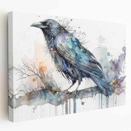 Stretched canvas wall art featuring a crow and raven design, showcasing detailed black and gray birds against a neutral background, ideal for nature enthusiasts and modern decor.