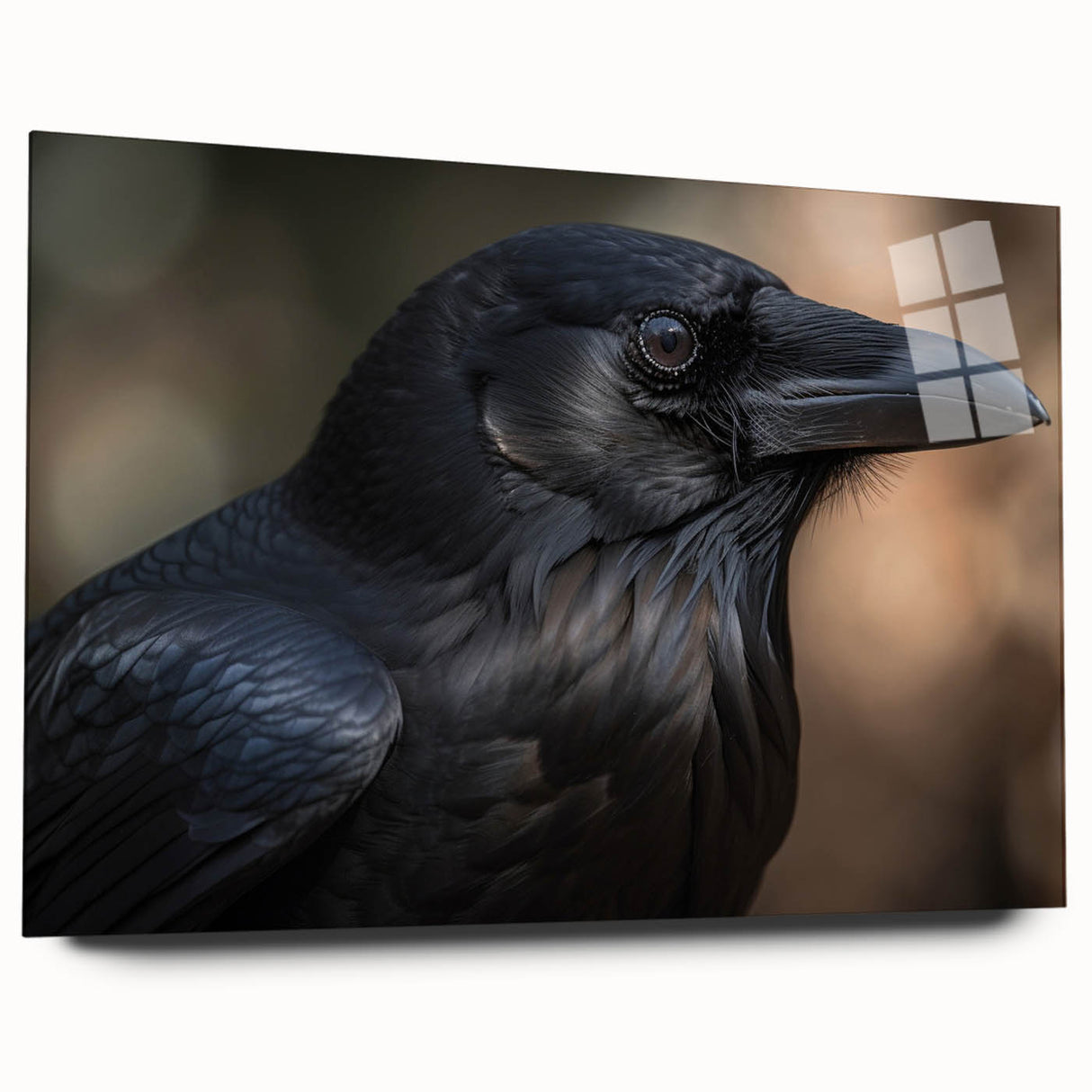 Side view of a contemporary acrylic glass wall art piece showcasing a striking design of a crow and raven, ideal for modern decor in living spaces or offices.