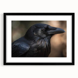 Framed wall art showcasing a detailed black crow and raven design, featuring a sleek black frame and white mat, perfect for enhancing home decor with a nature-inspired theme.