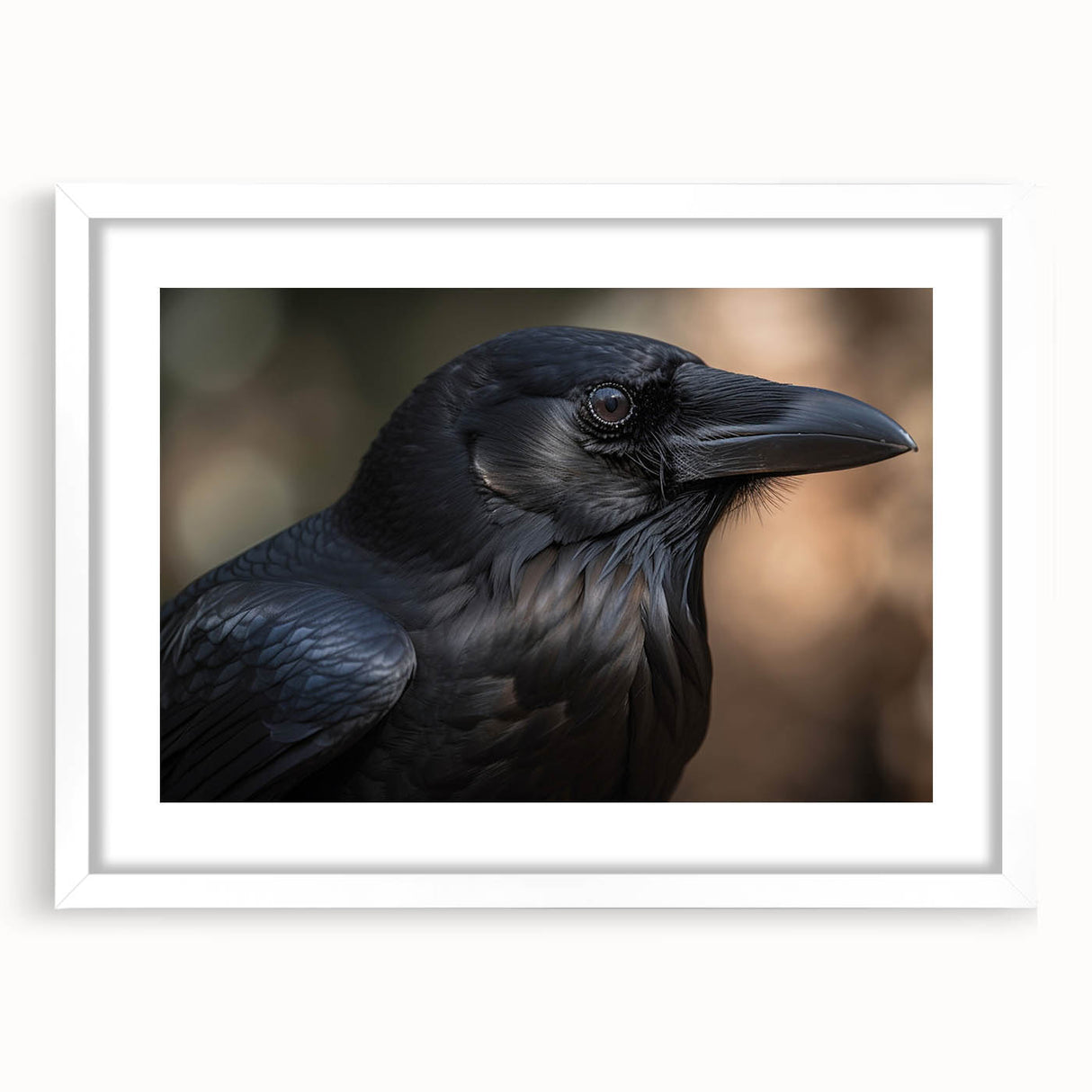 Framed wall art showcasing a crow and raven design in black and white, featuring a clean white mat and contemporary frame, ideal for modern home decor.
