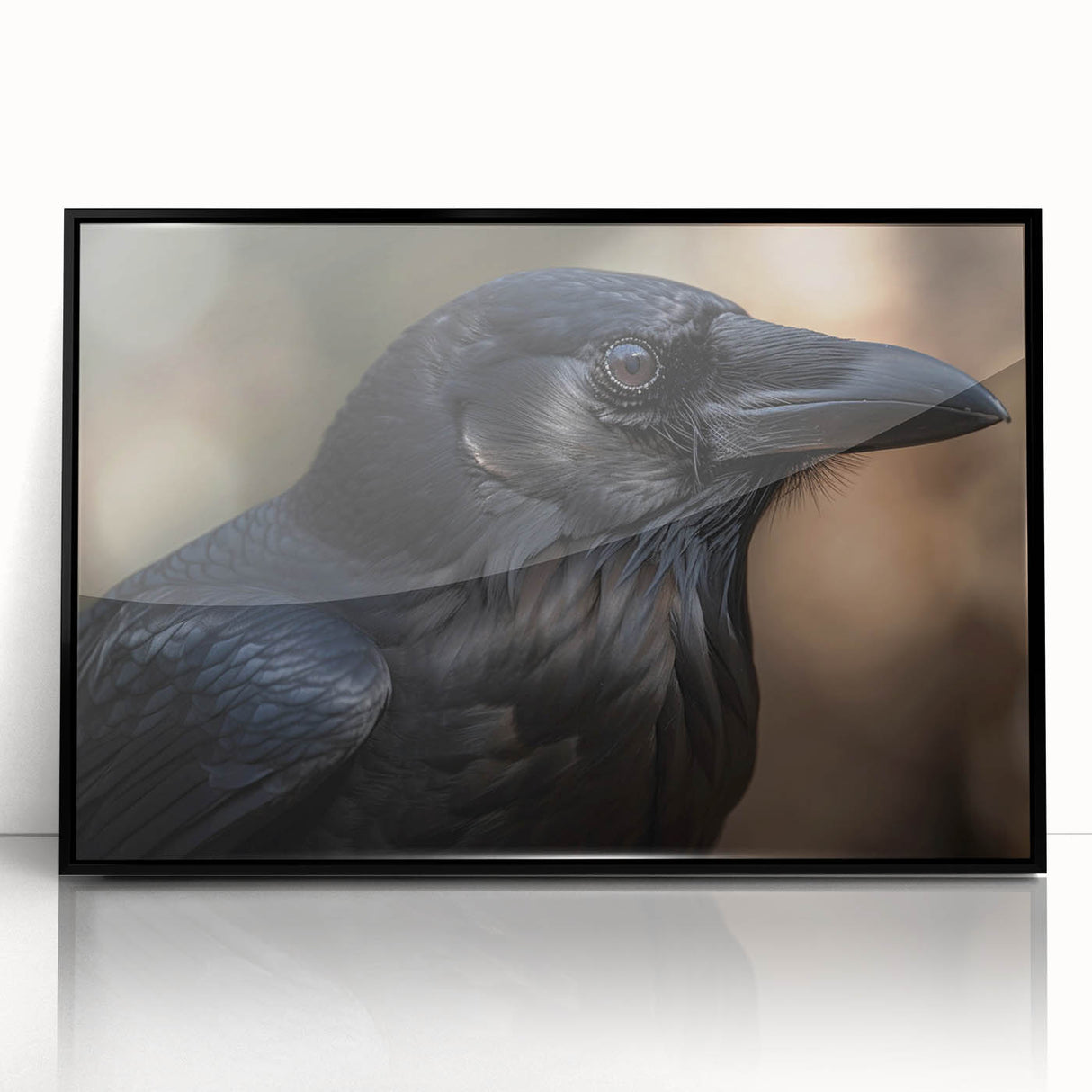 Framed wall art featuring a striking design of a crow and raven, set in a sleek black frame, showcasing intricate details and vivid colors, perfect for bird lovers.
