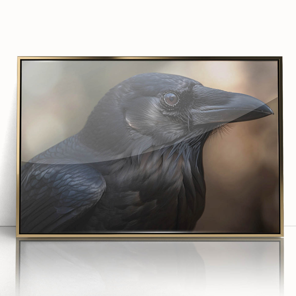 Framed wall art featuring a crow and raven design in gold acrylic, showcasing intricate details and a stylish front view for modern home decor.