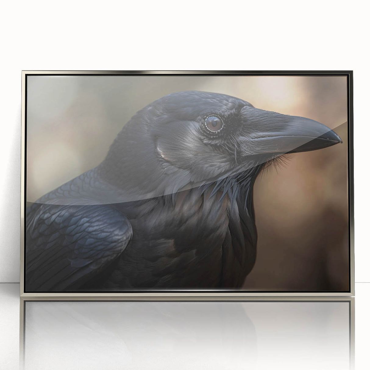 Framed wall art showcasing a detailed design of a crow and raven, featuring a sleek silver frame and vibrant colors, perfect for modern home decor.
