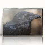 Framed wall art showcasing a detailed design of a crow and raven, featuring a sleek silver frame and vibrant colors, perfect for modern home decor.