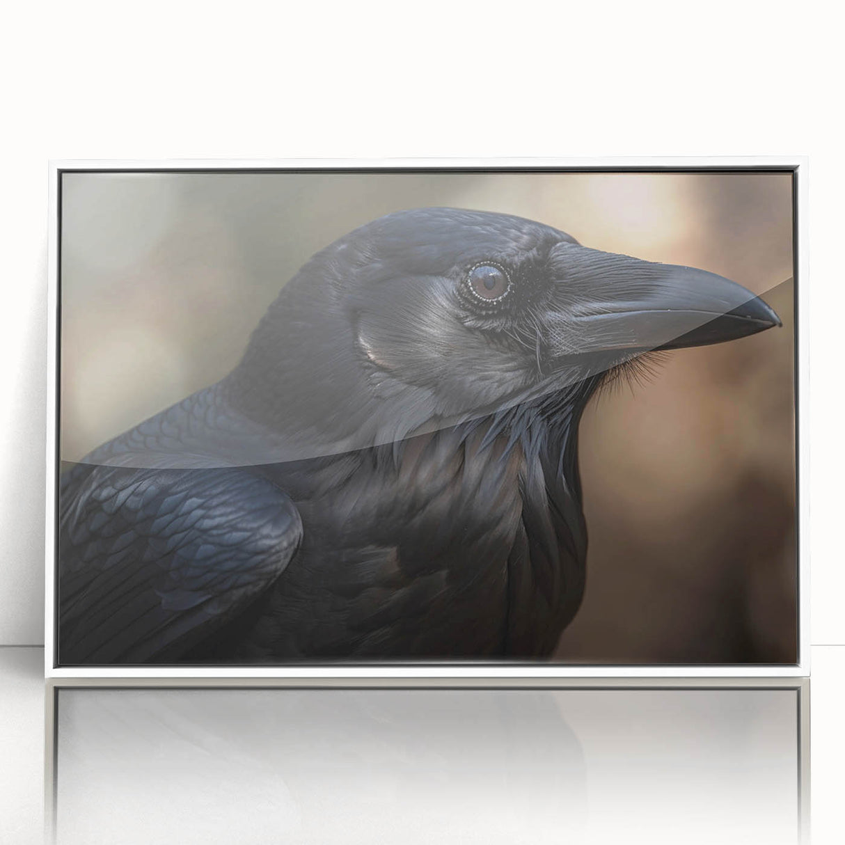 Framed wall art featuring a detailed design of a crow and raven, showcasing bold black and white colors against a sleek white frame, ideal for modern decor and bird enthusiasts.