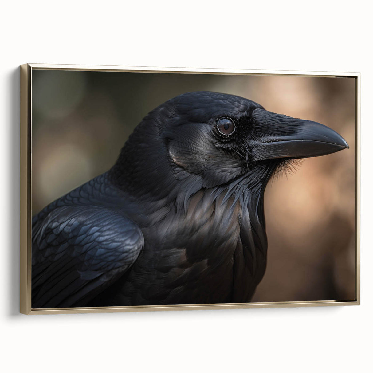 Framed canvas wall art featuring an intricate design of a crow and raven, highlighted with gold accents. Perfect for adding a touch of elegance to modern home decor.