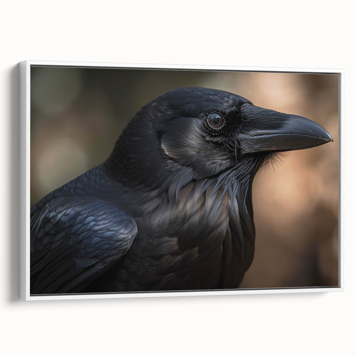 Framed canvas wall art featuring a striking design of a crow and raven, with a sleek white frame, showcasing intricate details and a modern aesthetic, perfect for bird lovers and contemporary decor.