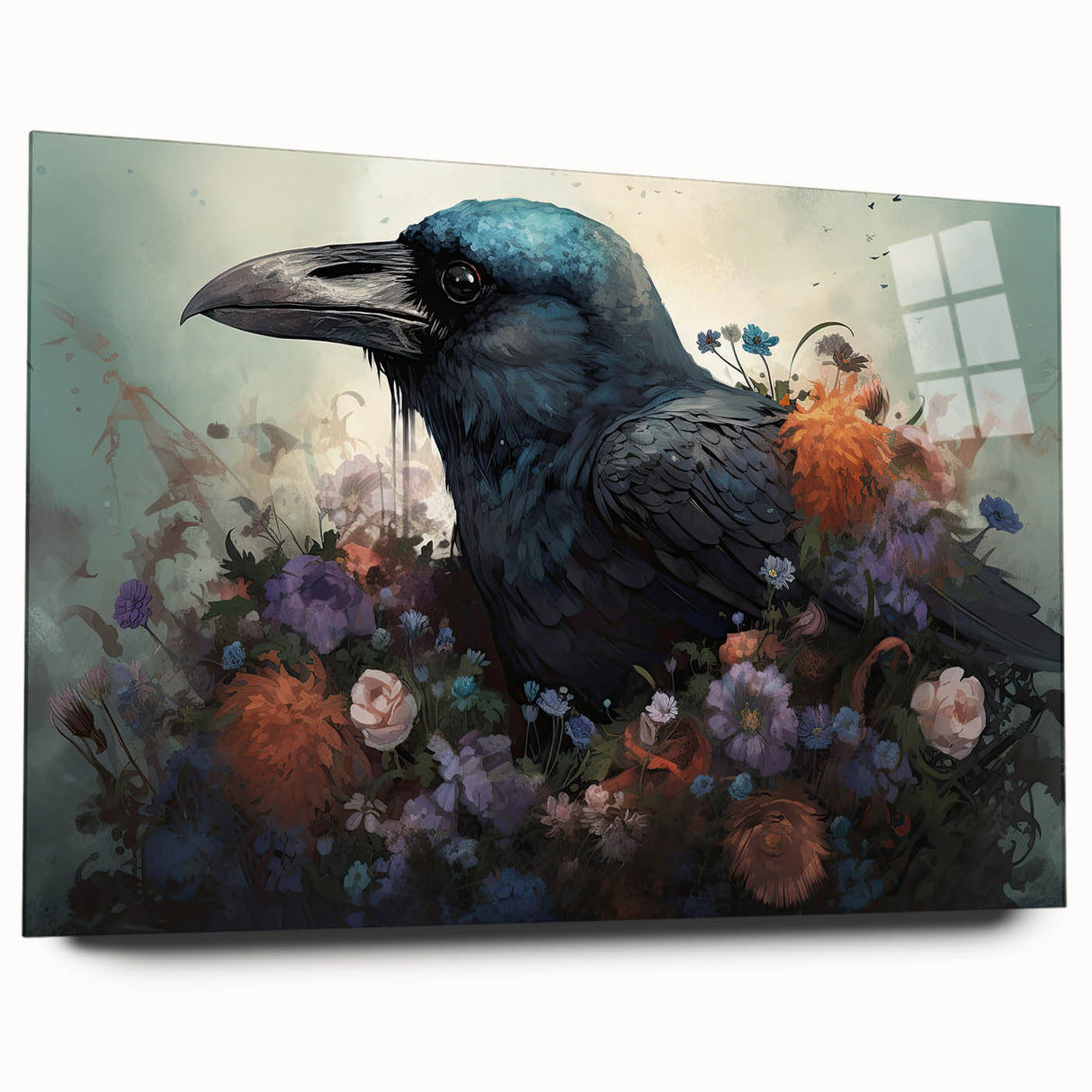 Close-up view of a crow and raven design wall art piece, showcasing vibrant colors on acrylic glass, ideal for modern home decor. This unique artwork adds a touch of nature-inspired elegance to any room.