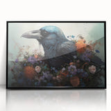 Framed wall art featuring a striking black and white design of a crow and raven perched on branches, showcasing intricate details and textures, perfect for enhancing home decor.