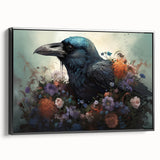 Framed wall art featuring a crow and raven design in black, showcasing a sleek side view. This elegant canvas adds a touch of nature-inspired decor to any space.