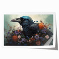 Close-up of a rolled print showcasing a striking design of a crow and raven, featuring intricate details and vivid colors, ideal for bird art enthusiasts.