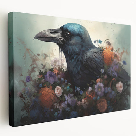 Stretched canvas wall art depicting a crow and raven design, showcasing vivid black feathers against a subtle background, ideal for nature-themed decor.