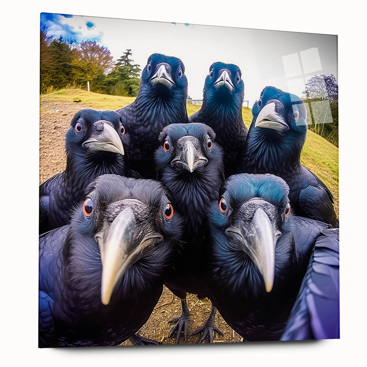 Acrylic wall art showcasing a detailed design of a crow and raven, viewed from the side, highlighting its vibrant colors and glass finish for modern decor.