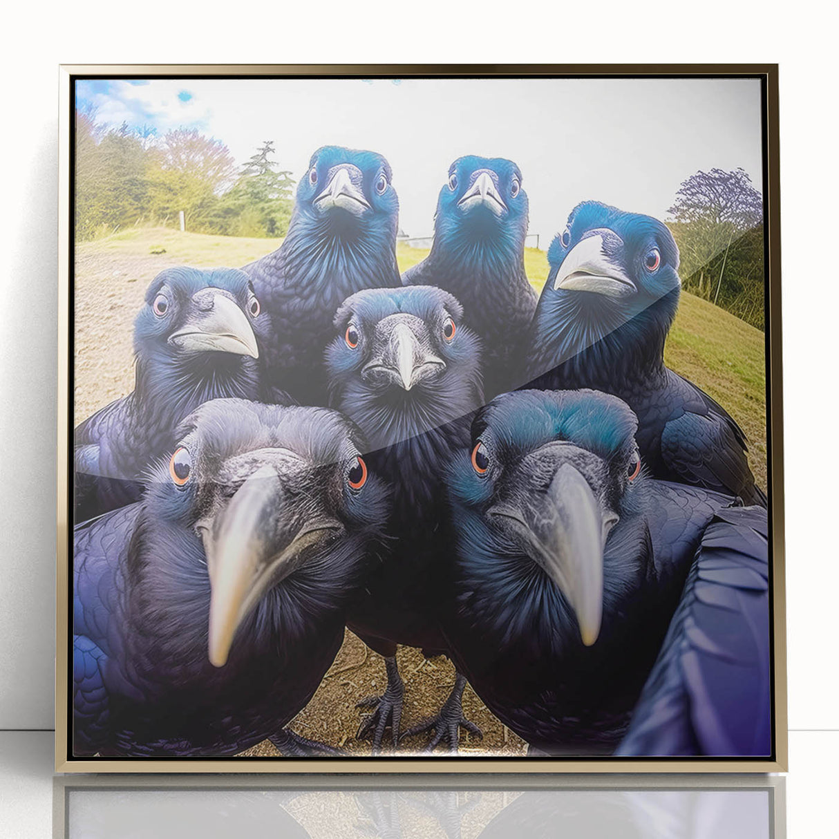 Framed wall art featuring a crow and raven design, showcasing intricate details in black and gold colors, perfect for adding a touch of elegance to any home decor.