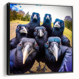 Framed wall art featuring a striking design of a crow and raven, showcasing intricate details in black and gray tones, perfect for modern home decor.