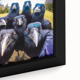 Close-up of a framed canvas wall art showcasing a detailed design of a crow and raven, featuring intricate textures and deep black hues, perfect for nature enthusiasts.