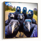 Framed wall art featuring a striking design of a crow and raven, set against a gold background with intricate patterns, perfect for modern home decor.