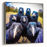 Framed canvas wall art showcasing a detailed design of a crow and raven, set against a silver background, perfect for modern home decor.