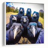 Framed canvas wall art showcasing a striking design of crows and ravens in a minimalist style, featuring a white frame and side view for modern home decor.