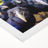 Stylish rolled canvas artwork showcases a vibrant design of a crow and raven, featuring intricate details and bold colors, perfect for modern home decor.
