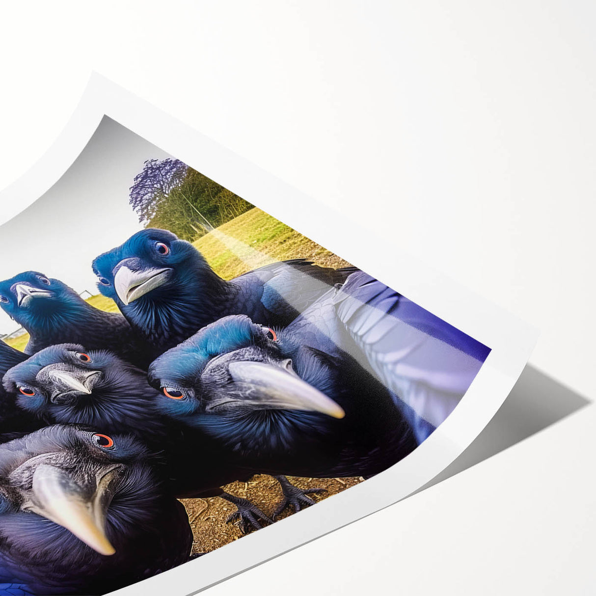 Stylish rolled print showcasing a crow and raven design, featuring intricate details and vibrant colors, perfect for bird lovers and home decor enthusiasts.