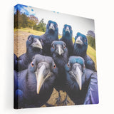 Stretched canvas wall art featuring an intricate design of a crow and raven, showcasing detailed feathers in black and gray tones, perfect for nature-inspired decor.
