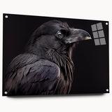 Close-up of a wall art collection showcasing a crow and raven design on acrylic glass, featuring a sleek side view with secured pins, ideal for modern decor.