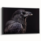 Framed wall art collection showcasing a crow and raven design on canvas, featuring a sleek black frame and side view display, perfect for modern decor.