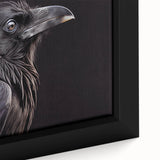 Close-up of a framed canvas featuring a detailed design of a crow and raven, showcasing intricate textures and vibrant colors, ideal for bird-themed decor.