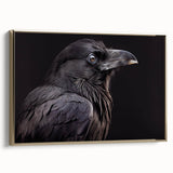 Framed canvas wall art featuring a striking design of a crow and raven in a gold frame, showcasing intricate details and a modern aesthetic, perfect for home decor.