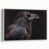 Framed wall art canvas showcasing a stylized crow and raven design, featuring intricate details and a modern aesthetic, set against a white background for a striking visual impact.