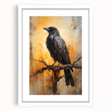 Framed wall art featuring a crow and raven design, showcasing intricate details and vibrant colors against a white mat background, perfect for modern home decor.