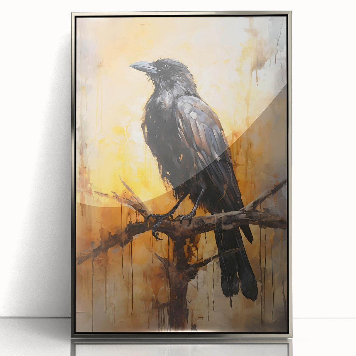 Framed wall art featuring a striking design of a crow and raven, displayed in an elegant silver frame, ideal for enhancing contemporary home decor with a touch of nature.