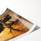 Artistic rolled print showcasing a detailed design of a crow and raven, featuring intricate feather patterns in black and gray, perfect for modern home decor.