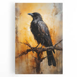 Stretched canvas wall art showcasing a detailed design of a crow and raven, featuring vibrant colors and intricate patterns, perfect for enhancing modern decor.