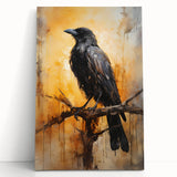 Stretched canvas artwork showcasing a detailed design of a crow and raven, featuring deep black and gray tones, perfect for modern home decor or bird enthusiasts.