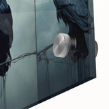 Close-up of a striking wall art collection featuring a crow and raven design on acrylic glass, showcasing intricate details and vibrant colors, perfect for modern decor.