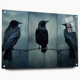 Wall art collection showcasing a side view of a crow and raven design printed on acrylic glass, elegantly displayed with decorative pins, perfect for modern home decor.
