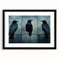 Framed wall art featuring a detailed design of a crow and raven, set in a sleek black frame with matting, perfect for enhancing modern home decor.