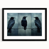 Framed wall art featuring a detailed design of a crow and raven, set in a sleek black frame with matting, perfect for enhancing modern home decor.