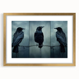 Gold-framed wall art showcasing a stunning design of crows and ravens, featuring intricate details and a mat, perfect for enhancing home decor.