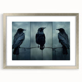 Framed wall art collection showcasing intricately designed crows and ravens in a silver frame with a mat, ideal for modern home decor enthusiasts.