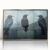 Framed wall art featuring a detailed design of a crow and raven, set in an elegant gold frame with an acrylic front, perfect for modern home decor.