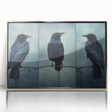 Framed wall art collection featuring a detailed design of crows and ravens, showcasing intricate black and silver elements, ideal for modern decor enthusiasts.