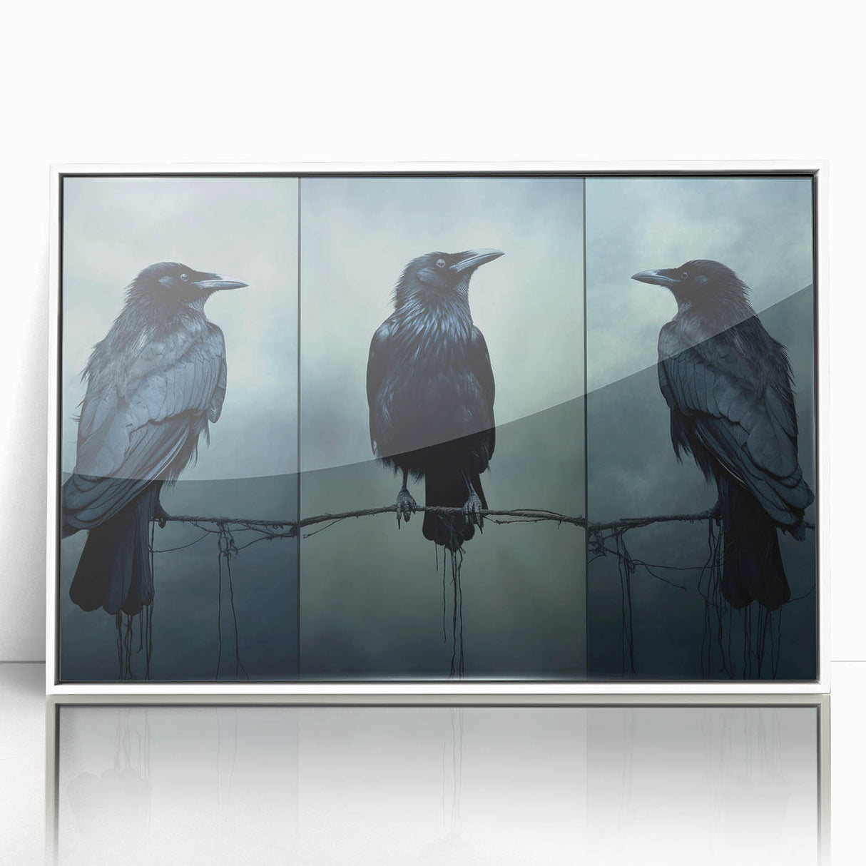 Framed wall art featuring a striking design of a crow and raven, showcasing intricate details on a white background, perfect for nature lovers and home decor enthusiasts.
